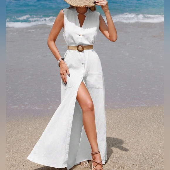 Casual button down sleeveless maxi dress white - Picture 1 of 2